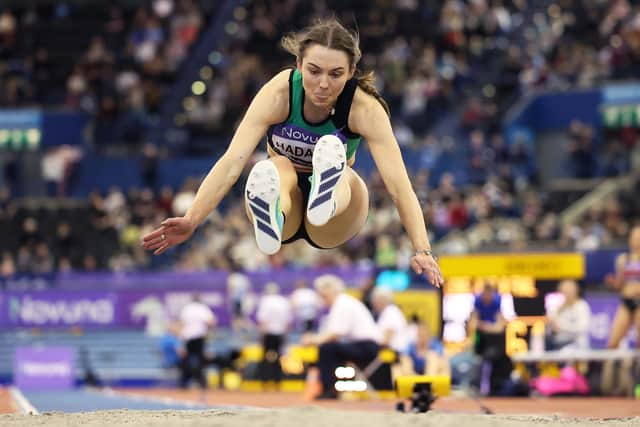 Safe landing: Lucy Hadaway competes in the women's long jump final during day one of the UK Athletics Indoor Championships at Utilita Arena Birmingham on February 14, 2026 in Birmingham, England. (Photo by Matt (Picture: McNulty/Getty Images)