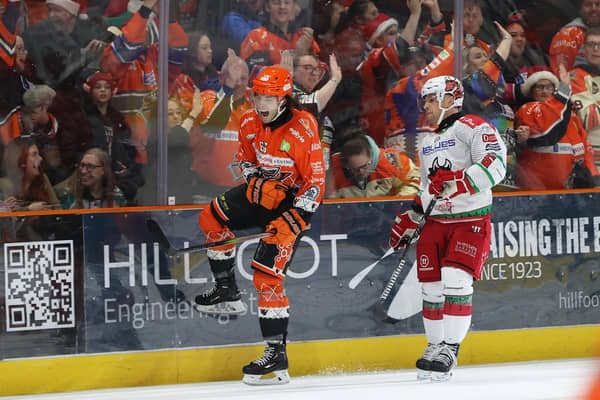 OPENING SALVO: Brien Diffley celebrates his first-ever goal for Sheffield Steelers, opening the scoring in the 4-0 win over Cardiff Devils on Saturday night at the Utilita Arena. Picture: Hayley Roberts/Steelers Media