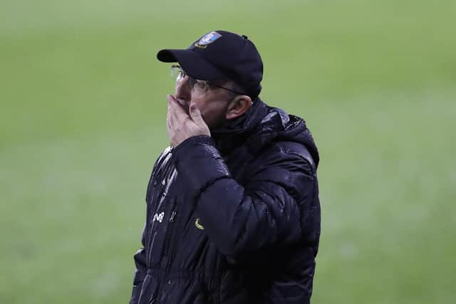 HUDDERSFIELD, ENGLAND - DECEMBER 08: Manager Tony Pulis of Sheffield Wednesday reacts during the Sky Bet Championship match between Huddersfield Town and Sheffield Wednesday at John Smith's Stadium on December 08, 2020 in Huddersfield, England. (Photo by George Wood/Getty Images)