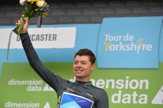 Harry Tanfield in the Dimension Data most aggressive rider jersey after winning the 2018 Tour de Yorkshire, Stage 1, in Doncaster after being in the breakaway all day and becomes the first Yorkshireman and first British male to win a stage of the TdY. (Picture: Bruce Rollinson)