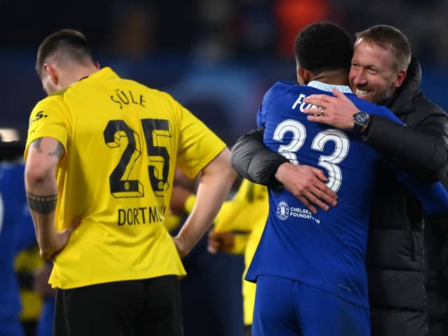 Wesley Fofana embraces Graham Potter, Manager of Chelsea, after the UEFA Champions League round of 16 leg victory over Borussia Dortmund (Picture: Justin Setterfield/Getty Images)