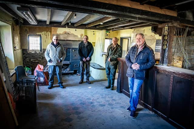 Committee members Gerry McMahon, Bob Ibbotson, John Bentley and David Harris in The Plough at Fadmoor in the North Yorks Moors National Park. Photograph by Tony Johnson. 18th March 2025.