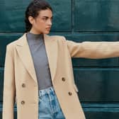 Keep it real: Camel-toned double-breasted blazer, £165, from Albaray AW23. Team with simple tee or white shirt and jeans.
