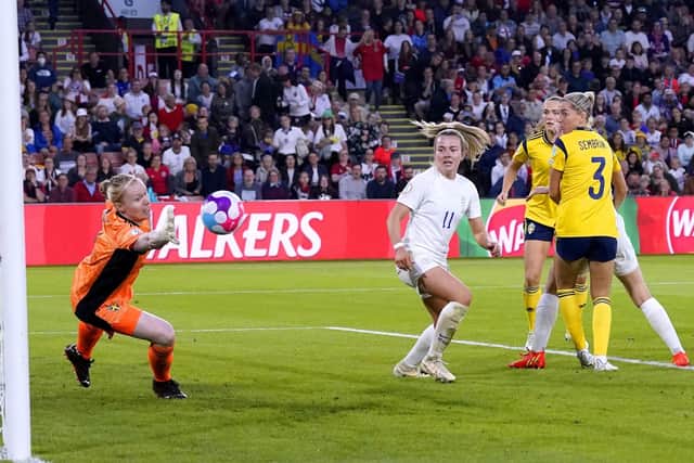 Sweden goalkeeper Hedvig Lindahl fails to stop England's Lucy Bronze (not pictured) from scoring her side's second goal in the Euro 2022 semi-final at Bramall Lane Picture: Danny Lawson/PA