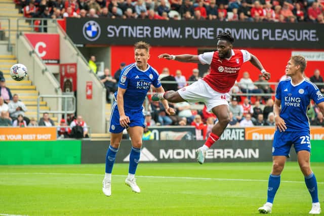 GREAT LEVELLER: Fred Onyedinma heads in Rotherham United's equaliser against Leicester City at the New York Stadium on Saturday. Picture: Bruce Rollinson
