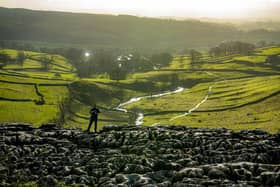 A walker admires the views onto Malham whilst standing on the clints and grykes at the top of Malham Cove in the Yorkshire Dales National Park. Picture Tony Johnson
