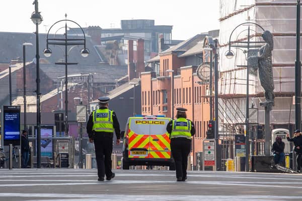 West Yorkshire Police on patrol along Briggate, Leeds, during the first national lockdown. PIC: James Hardisty