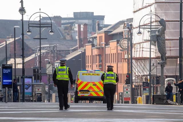 West Yorkshire Police on patrol along Briggate, Leeds, during the first national lockdown. PIC: James Hardisty