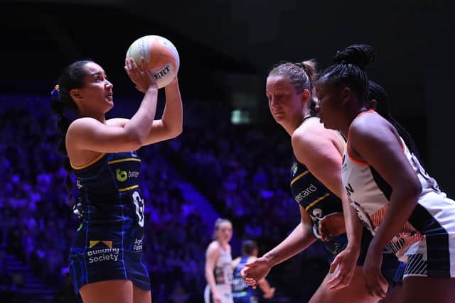 On target: Brie Grierson, left, takes a shot for Leeds Rhinos against Saracens Mavericks at First Direct Arena last weekend (Picture: Matthew Merrick Photography)