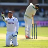 LONDON, ENGLAND - JUNE 01: Jonny Bairstow of England celebrates taking the catch of Fionn Hand of Ireland  during Day One of the LV= Insurance Test Match between England and Ireland at Lord's Cricket Ground on June 01, 2023 in London, England. (Photo by Alex Davidson/Getty Images)
