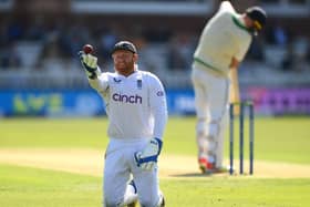 LONDON, ENGLAND - JUNE 01: Jonny Bairstow of England celebrates taking the catch of Fionn Hand of Ireland  during Day One of the LV= Insurance Test Match between England and Ireland at Lord's Cricket Ground on June 01, 2023 in London, England. (Photo by Alex Davidson/Getty Images)
