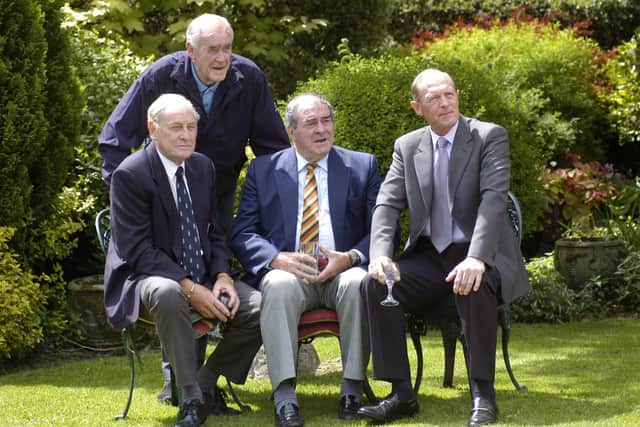 FOUR GREATEST YORKSHIREMEN: Yorkshire cricket legends Ray Illingworth, Brian Close, Fred Truman and Geoff Boycott pose for a portrait painting by Yorkshire artist John Blakey in the grounds of The Sawley Arms, near Ripon, back in May 2005. Picture: Simon Wilkinson/SWpix.com