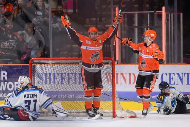 WINNING MOMENT: Patrick Watling celebrates his overtime winner for Sheffield Steelers at home to Coventry Blaze two weekends ago. Picture courtesy of Dean Woolley/Steelers Media.