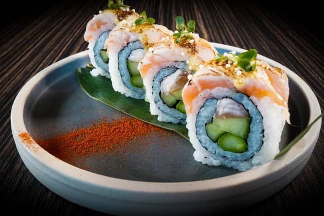 Grilled salmon sushi with avocado, smoked paprika aioli-