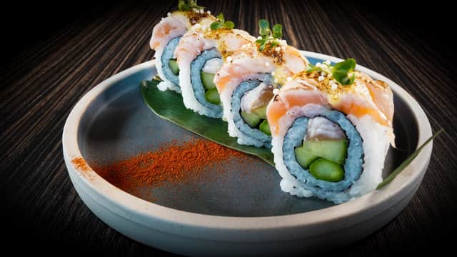 Grilled salmon sushi with avocado, smoked paprika aioli-