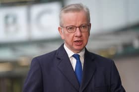 Michael Gove speaks outside BBC Broadcasting House in London.