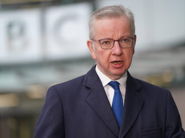 Michael Gove speaks outside BBC Broadcasting House in London.