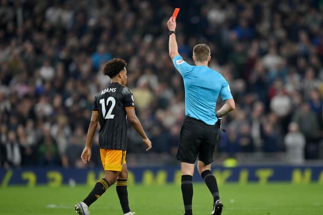 LONDON, ENGLAND - NOVEMBER 12: Referee Michael Salisbury shows a red card to Tyler Adams of Leeds United during the Premier League match between Tottenham Hotspur and Leeds United at Tottenham Hotspur Stadium on November 12, 2022 in London, England. (Photo by Justin Setterfield/Getty Images)