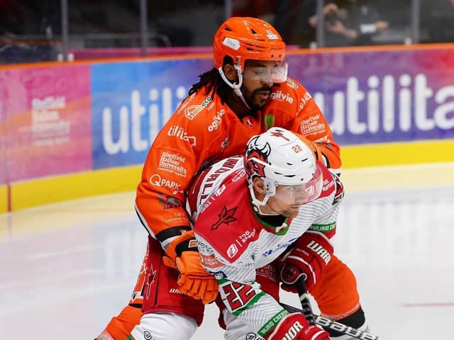 WE'LL MEET AGAIN: Sheffield Steelers' Matt Petgrave gets to grips with Cardiff's Justin Crandall during their pre-season encounter.