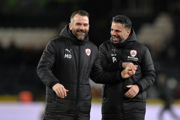 Interim Barnsley head coach Martin Devaney (left), pictured with ex-chief Poya Asbaghi back in 2021-22. Picture: Bruce Rollinson.
