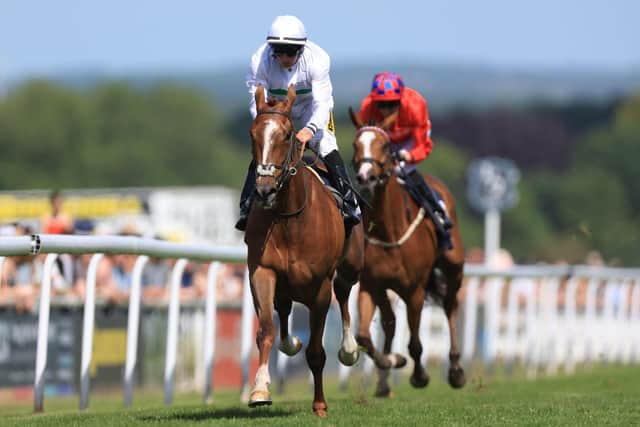 IN FRONT: Who's Lope and PJ McDonald pictured winning the Birch Flooring Novice Stakes at Beverley racecourse. Picture: Nigel French/PA