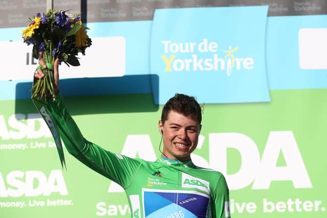 Riding for Canyon Eisberg, Harry Tanfield with the points jersey on the podium at the finish line of stage two at the Cow and Calf, near Ilkley, during day two of the Tour de Yorkshire from Barnsley to Ilkley.(Picture: PA)