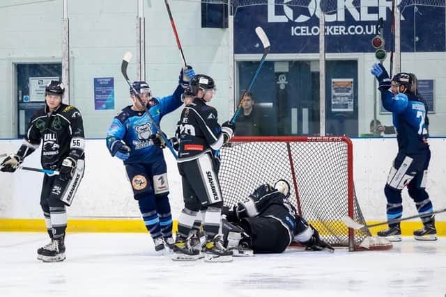 THIRD STRAIGHT: Sheffield Steeldogs celebrate scoring during their 5-1 home win over Hull Seahawks last week - their third victory of the 2022-23 NIHL National campaign against their Yorkshire rivals. Picture courtesy of Peter Best/Steeldogs Media