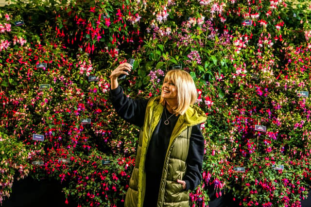 Christine Talbot, journalist and former TV presenter for ITV Calendar taking a selfie infront of a display of Fuchsias, by Roualeyn Fuchsias Nursery, based in North Wales. Picture By Yorkshire Post Photographer, James Hardisty.