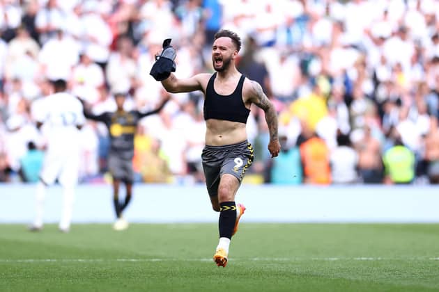 Matchwinner Adam Armstrong celebrates victory after Southampton secure promotion to the Premier League after defeating Leeds United in the Championship play-off final at Wembley. Photo by Alex Pantling/Getty Images.