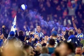 CELEBRATIONS: Then Huddersfield Town left-back Harry Toffolo celebrates his team reaching the Wembley play-off final but some supporters overstepped the mark with their behaviour