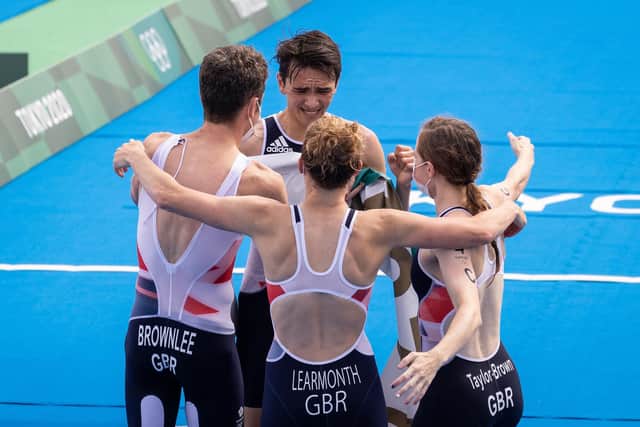 Jessica Learmonth, Jonathon Brownlee, Georgia Taylor-Brown and Alex Yee of Team Great Britain celebrate winning the mixed triathlon relay gold medal in Tokyo (Picture: Leon Neal/Getty Images)