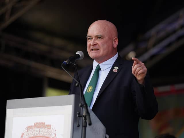 Mick Lynch, General Secretary of the National Union of Rail, Maritime and Transport Workers, speaks at the Durham Miners Gala 2022. Photo by Ian Forsyth/Getty Images.
