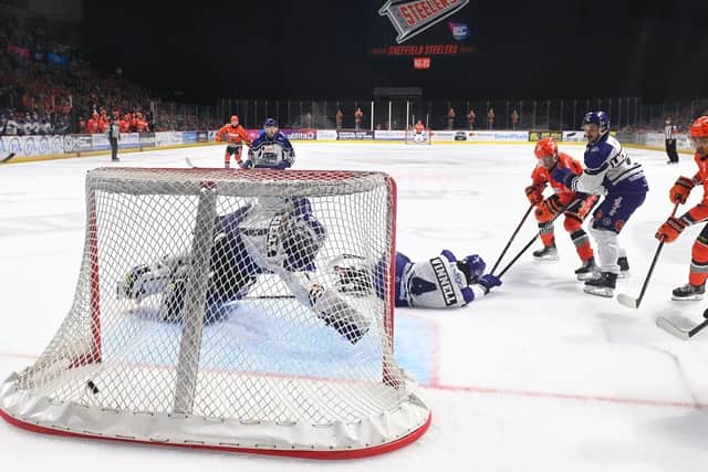 STARTING POINT: Mikko Juusola (second right) puts Sheffield Steelers ahead against Glasgow Clan on Sunday night. Picture courtesy of Dean Woolley/Steelers Media
