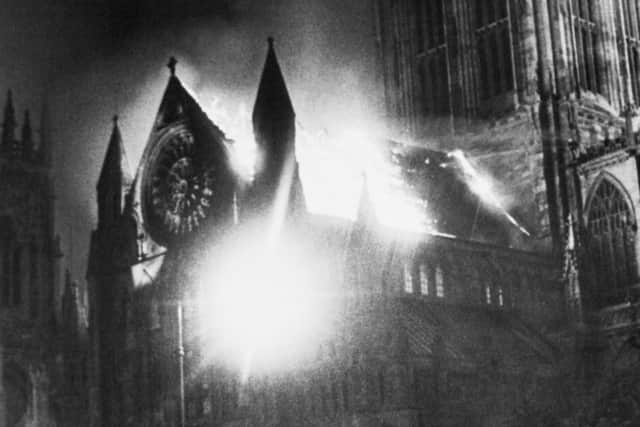 The South Transept of York Minster at the height of the blaze. Photo: PA