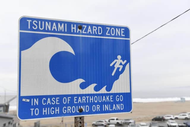 A tsunami hazard zone sign is displayed near a beach. (Pic credit: Patrick T Fallon / AFP via Getty Images)