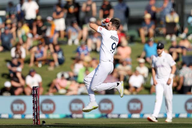 TAURANGA, NEW ZEALAND - FEBRUARY 17: James Anderson of England bowls during day two of the First Test match in the series between the New Zealand Blackcaps and England at the Bay Oval on February 17, 2023 in Mount Maunganui, New Zealand. (Photo by Phil Walter/Getty Images)