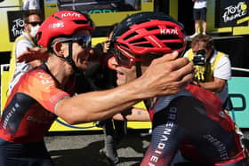 On the rise: Ineos Grenadiers' Polish rider Michal Kwiatkowski, left, celebrates his win on Stage 13 of the Tour de France with Tom Pidcock, who finished fifth. (Picture: CHRISTOPHE PETIT TESSON/POOL/AFP via Getty Images)