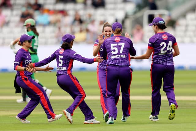 The Hundred has been good for the women's game as Kate Cross celebrates with her Northern Superchargers team-mates the wicket of Maia Bouchier in Sunday's final against Southern Brave at Lord's. Photo by Julian Finney/Getty Images.