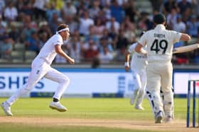 Got him: Stuart Broad of England celebrates the wicket of Australia batter Steve Smith of Australia at Edgbaston. Photo by Stu Forster/Getty Images