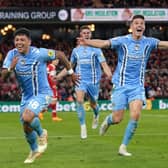 Coventry City's Gustavo Hamer (left) celebrates scoring their side's first goal of the game during the Sky Bet Championship play-off semi-final second leg match at Riverside Stadium, Middlesbrough. Picture date: Wednesday May 17, 2023. PA Photo. See PA story SOCCER Middlesbrough. Photo credit should read: Owen Humphreys/PA Wire.RESTRICTIONS: EDITORIAL USE ONLY No use with unauthorised audio, video, data, fixture lists, club/league logos or "live" services. Online in-match use limited to 120 images, no video emulation. No use in betting, games or single club/league/player publications.