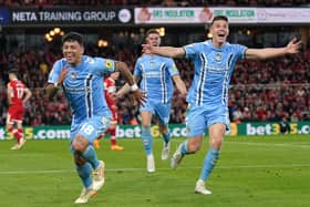 Coventry City's Gustavo Hamer (left) celebrates scoring their side's first goal of the game during the Sky Bet Championship play-off semi-final second leg match at Riverside Stadium, Middlesbrough. Picture date: Wednesday May 17, 2023. PA Photo. See PA story SOCCER Middlesbrough. Photo credit should read: Owen Humphreys/PA Wire.RESTRICTIONS: EDITORIAL USE ONLY No use with unauthorised audio, video, data, fixture lists, club/league logos or "live" services. Online in-match use limited to 120 images, no video emulation. No use in betting, games or single club/league/player publications.
