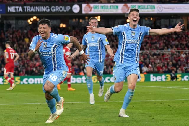 Coventry City's Gustavo Hamer (left) celebrates scoring their side's first goal of the game during the Sky Bet Championship play-off semi-final second leg match at Riverside Stadium, Middlesbrough. Picture date: Wednesday May 17, 2023. PA Photo. See PA story SOCCER Middlesbrough. Photo credit should read: Owen Humphreys/PA Wire.

RESTRICTIONS: EDITORIAL USE ONLY No use with unauthorised audio, video, data, fixture lists, club/league logos or "live" services. Online in-match use limited to 120 images, no video emulation. No use in betting, games or single club/league/player publications.