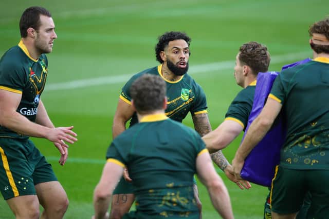 Josh Addo-Carr, centre, trains with team-mates at Elland Road. (Photo by Ashley Allen/Getty Images for RLWC2021)