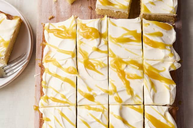 This is a handout photo of Mary Berry's lemon and passionfruit traybake from Mary's All in One - My Favourite One Pan, One Pot, One Dish Recipes. See PA Feature FOOD Mary Berry.