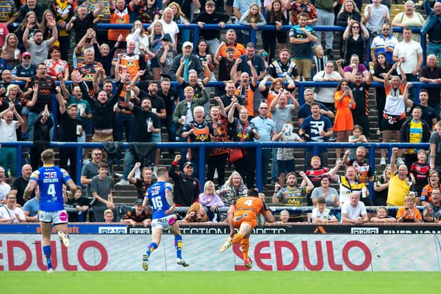 Jake Mamo dives over to score in front of the Castleford fans at Headingley. (Photo: Bruce Rollinson/SWpix.com)