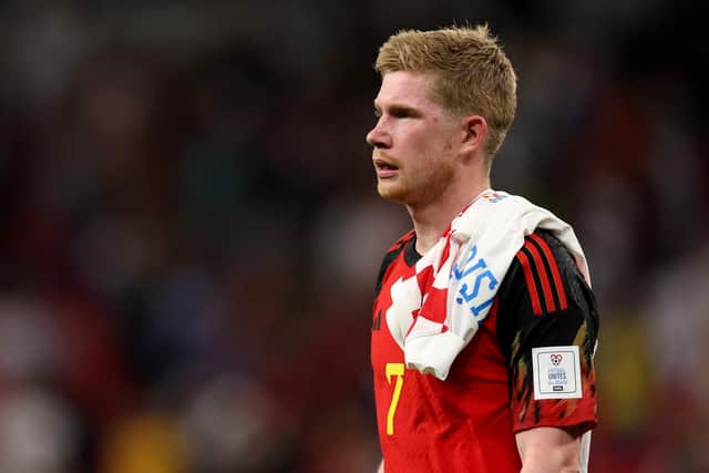 DOHA, QATAR - DECEMBER 01: Kevin De Bruyne of Belgium reacts  during the FIFA World Cup Qatar 2022 Group F match between Croatia and Belgium at Ahmad Bin Ali Stadium on December 01, 2022 in Doha, Qatar. (Photo by Francois Nel/Getty Images)