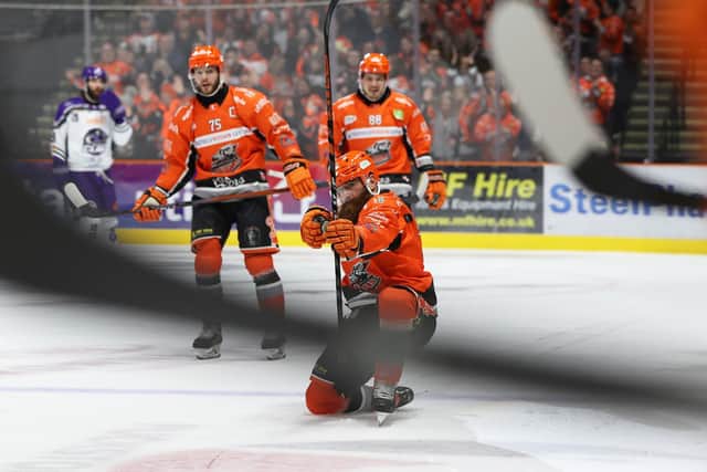 TAKING AIM: Colton Saucerman celebrates putting Sheffield Steelers 2-0 up against Glasgow Clan on Saturday. Picture: Hayley Roberts/Steelers Media.