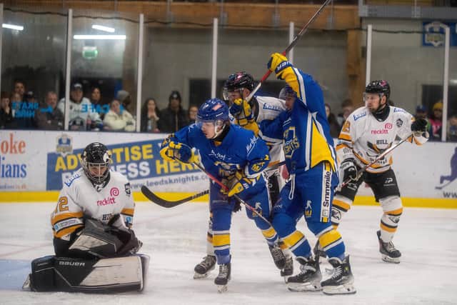 FAMILIAR FACES: Leeds Knights and Hull Seahawks have met nine times already during 2023-24 - with the Knights edging ahead 5-4 after Friday night's 8-3 play-off opening night win at Elland Road. Picture: Bruce Rollinson