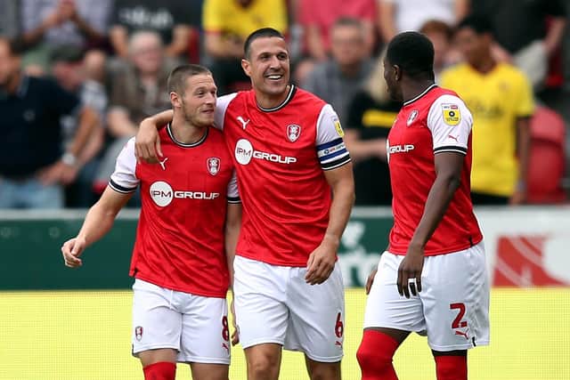 Rotherham United's Richard Wood (centre) celebrates scoring the Millers' opener against Watford (Picture: PA)