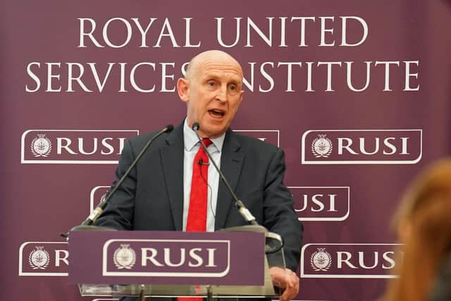 Labour shadow defence secretary John Healey speaks at the Institute of Directors, hosted by RUSI in London.